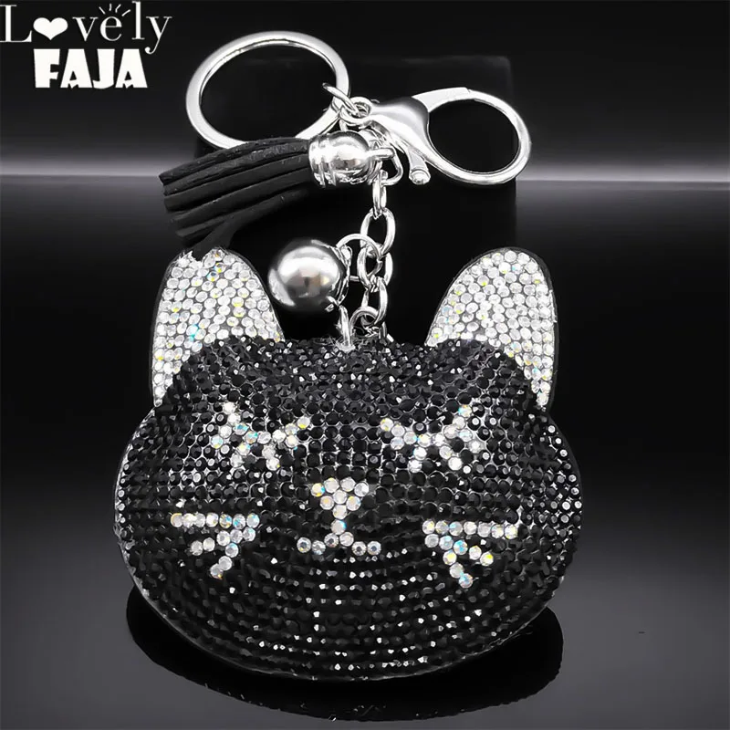 

Black Crystal Cat Head Key Chain Women Men Alloy Rhinestone Cute Kitten Pet Keyring Car Bag Jewelry Gifts Accessories KXXXXS03