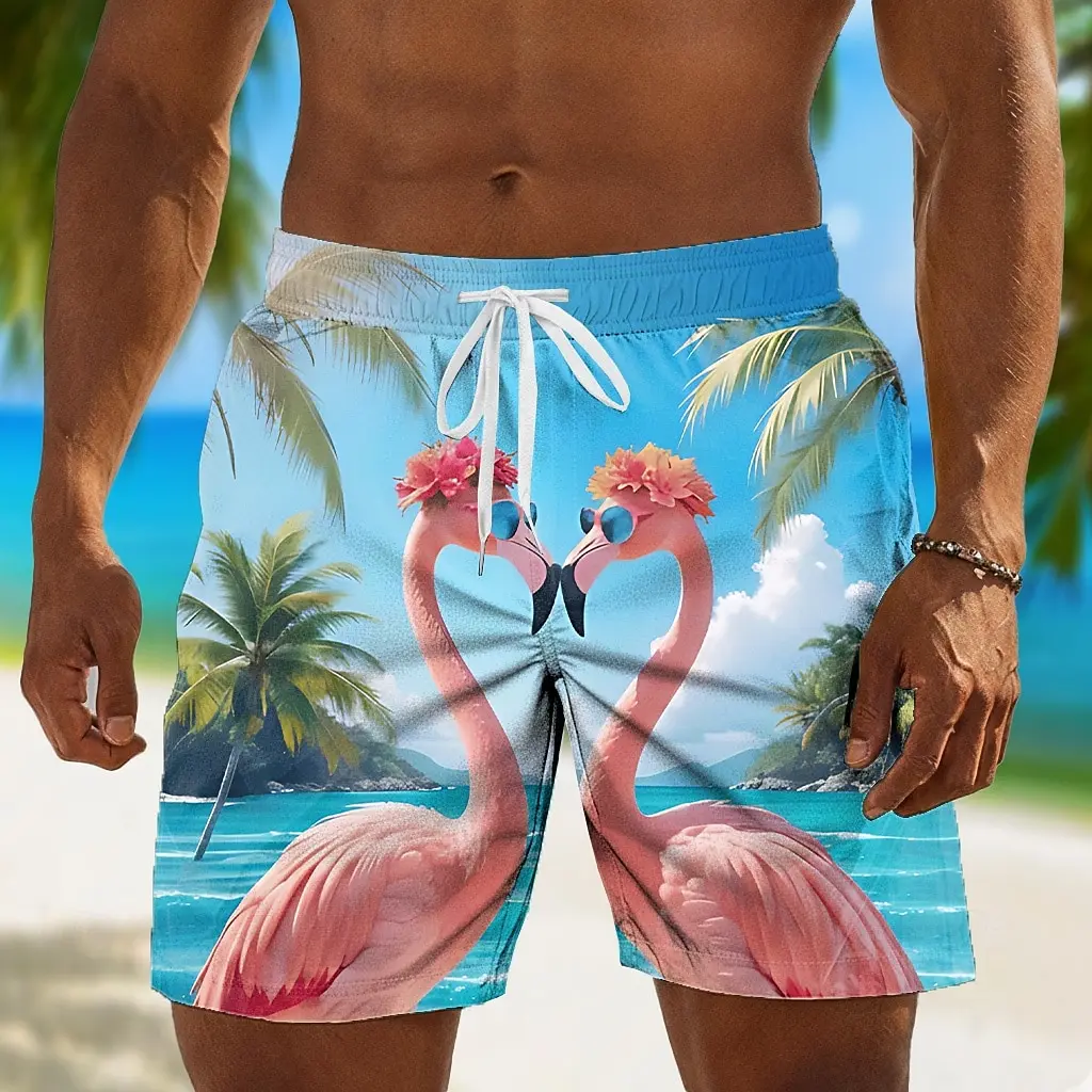 

New Flamingo Bird Cartoon Animals Graphic Men's Swim Trunks Casual Hawaiian Board Shorts Summer Party Vacation Beach Short Pants