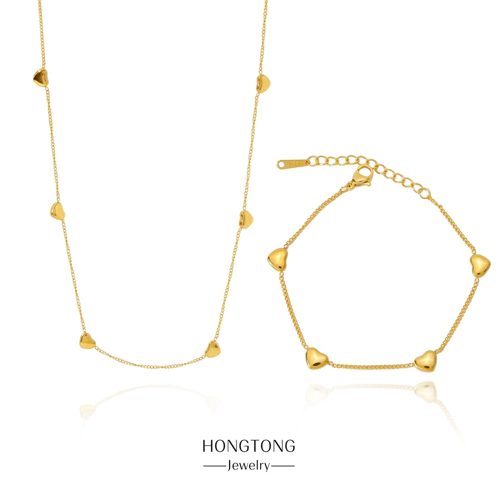 HONGTONG Love Pendant Necklace Bracelet For Women 18K Gold Plated Stainless Steel Jewelry Set Charm Accessories Gift