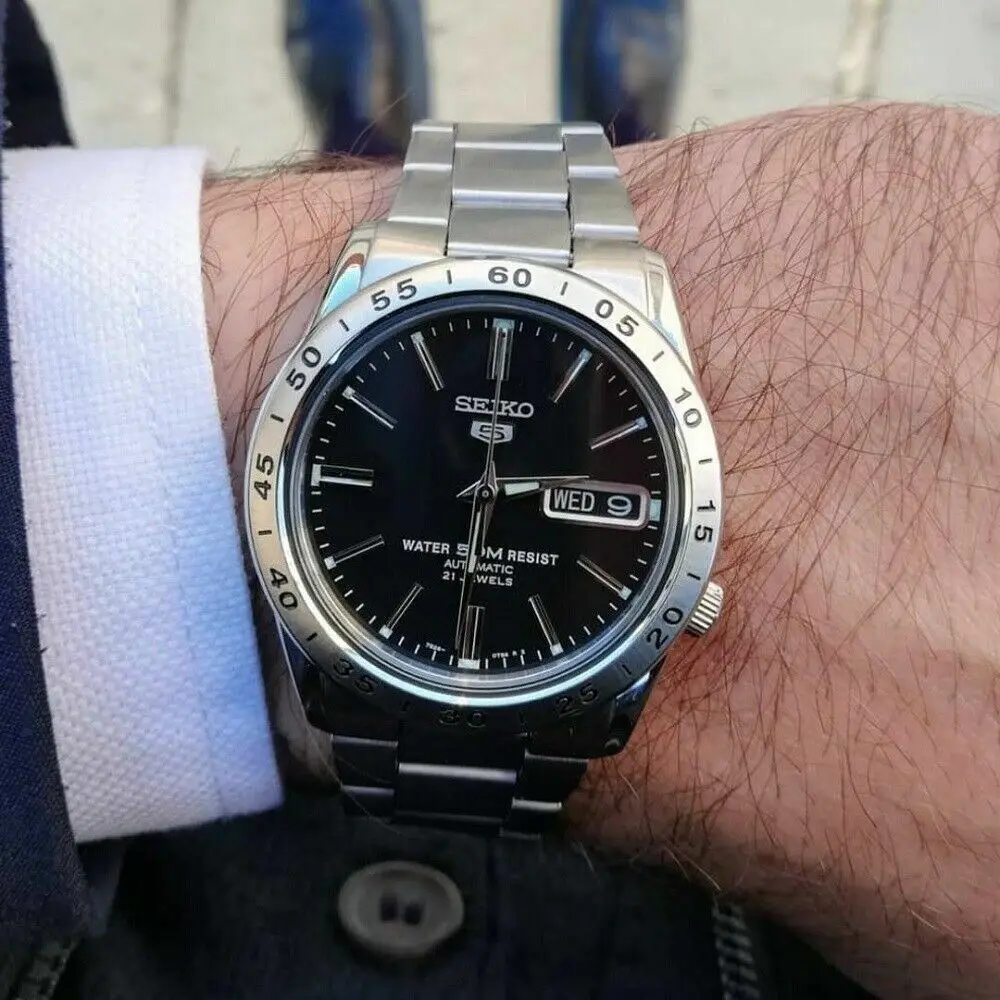 SEIKO 5 SNKE01K1 Men's Automatic Mechanical Watch 37mm Black Dial Stainless Steel 50m Waterproof Luminous Date Weekday Business