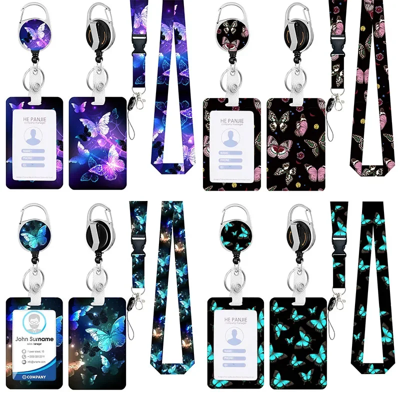 Women ID Card Holder Lanyard Badge Reel Clip Set Fashion Floral Butterfly Style Name Card Cover Case Office/student Supplies