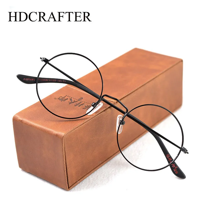 HDCRAFTER Super Light 10g Pure Titanium Eyeglasses Frame Men Women Round Retro Grade Optical Lenses Prescription Glasses Frame