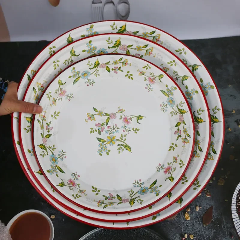 35CM Large Enamel Serving Tray with Red-Trim, Rust-Resistant & Heat-Resistant, Multi-Purpose for Tea, Snacks & BBQ, Retro Style