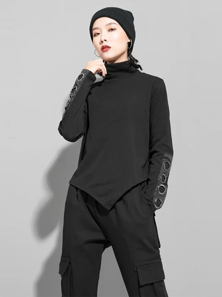 Amax LuluE 2025 Spring Fashion British Womens Punk Loose Tee Shirts Ladies Casual Black Tops Turtleneck Design Luxury Clothing