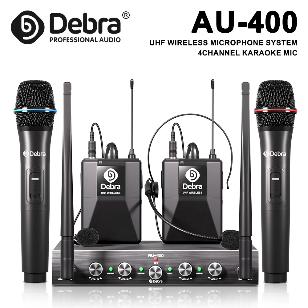 

Debra AU-400 UHF Four-Channel Handheld Wireless Microphone System, featuring lapel and headset microphones for band performances