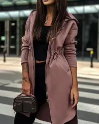 Chaqueta con capucha para mujer, abrigo informal de manga larga con cremallera y cordón, Sudadera larga lisa con capucha para diario, moda de otoño, 2023