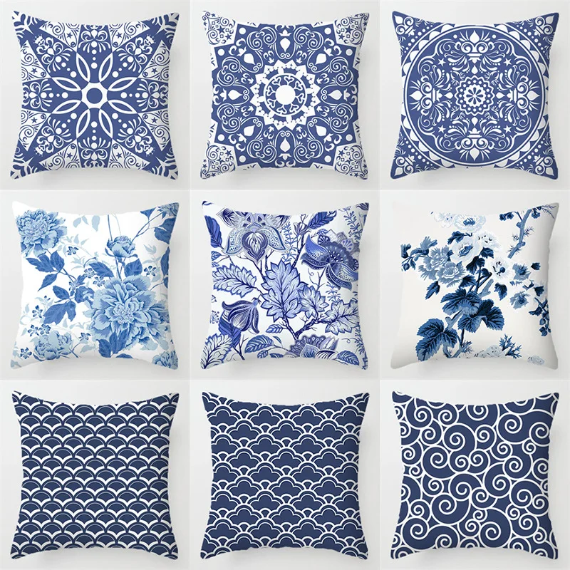 Blue and white porcelain pattern throw pillow cover with short plush print for living room sofa decoration cushion cover