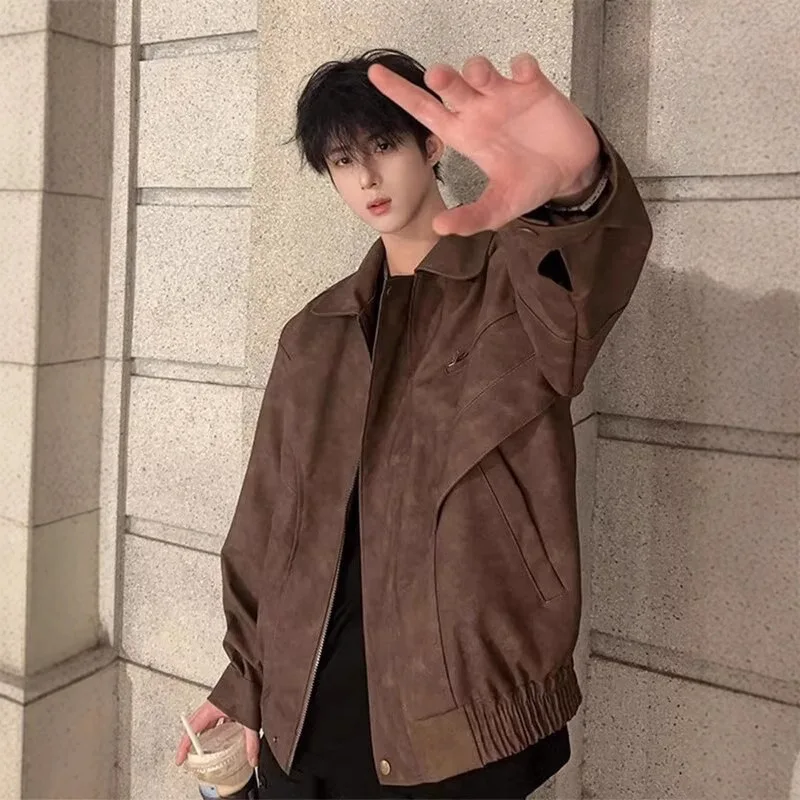 Men's American High Street Trend High-grade Sense of Baggy Lapel Handsome Biker Jacket Spring  Autumn Vintage Brown Leather Coat