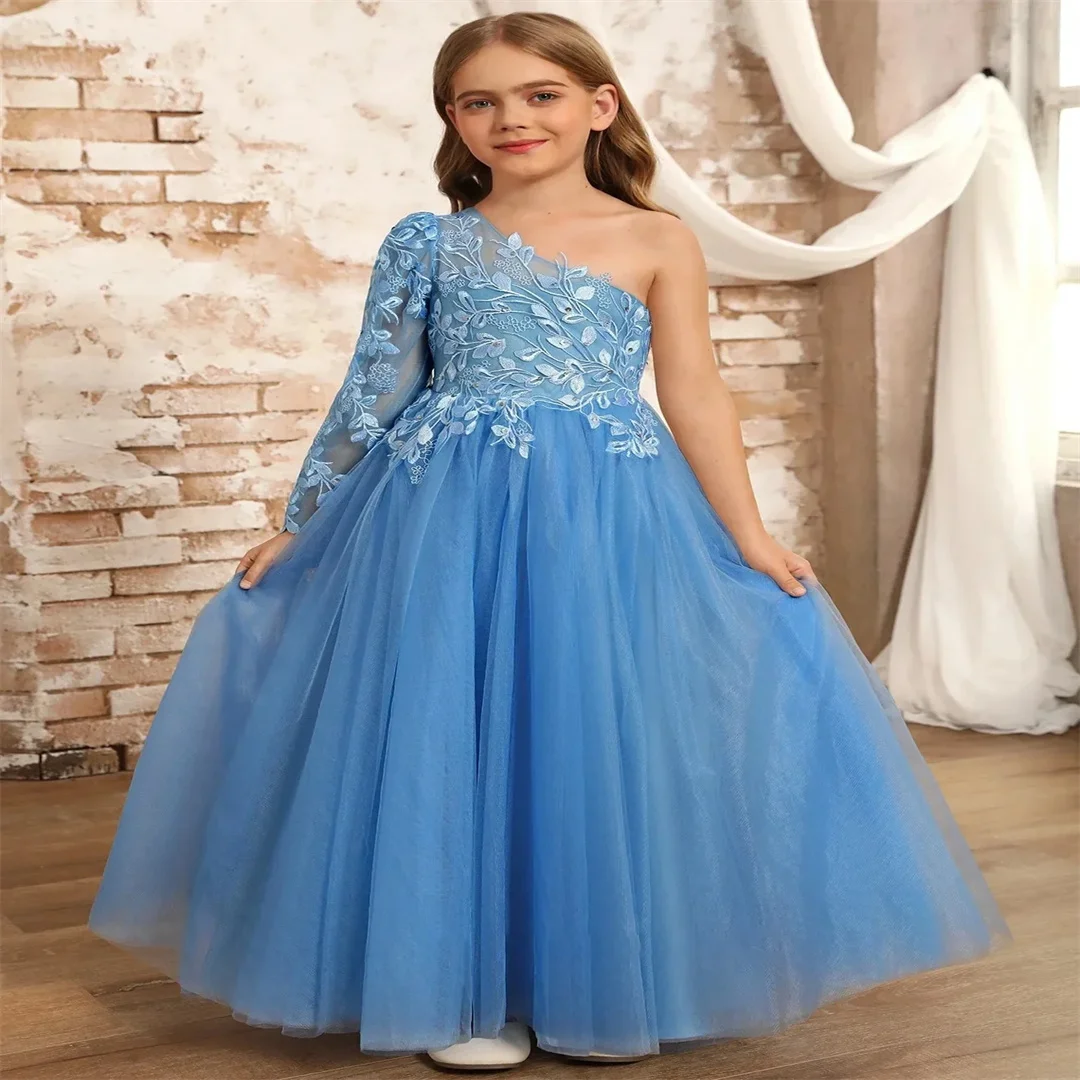

Customized Blue One Shoulder First Communion Kids Birthday Party Gown Party Dresses Flower Girl Dresses for Wedding Princess