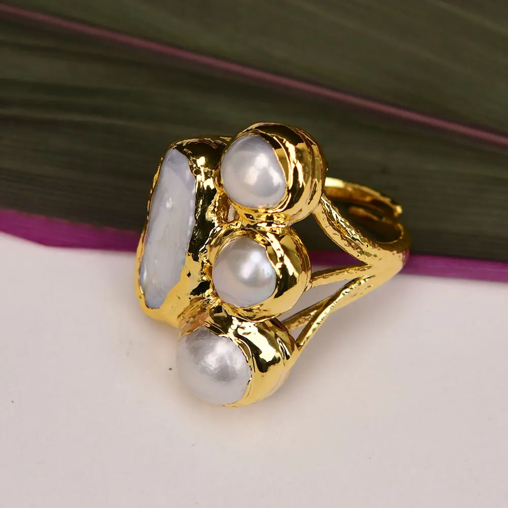 خواتم لؤلؤ بيوا كيشي بيضاء طبيعية من GG مطلية بحواف ذهبية قابلة للتعديل