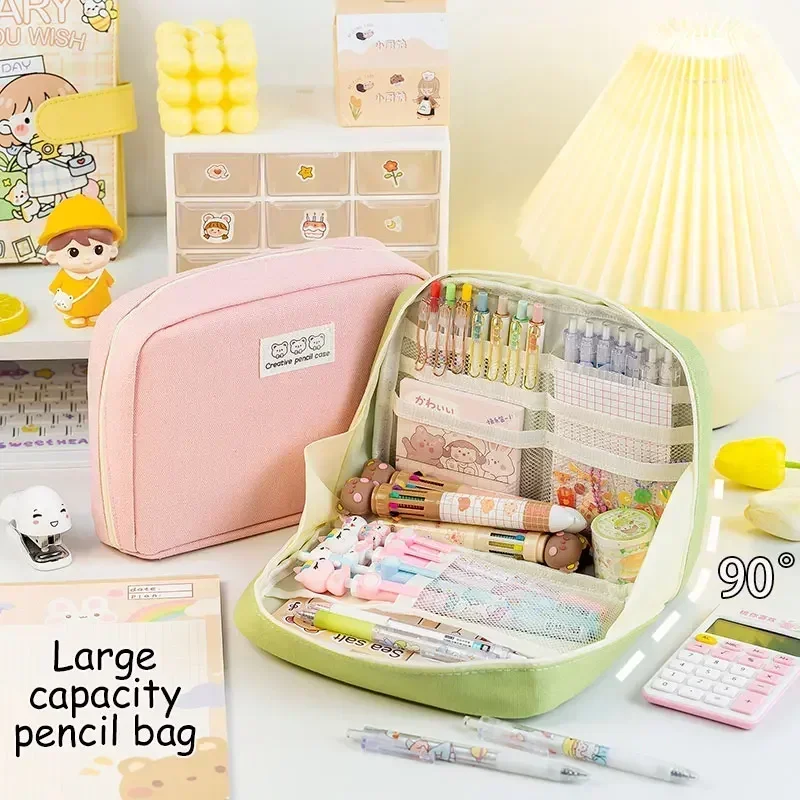 Large-capacity opening student pencil case multi-functional classification storage cosmetic bag ins high-value stationery box