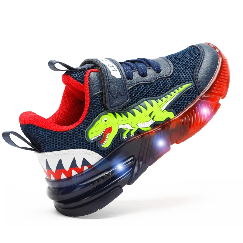 EXDINO Kids LED Light Up Mesh Shoes T-REX Little Children for Boys Dinosaur Outdoor Casual Flashing Sports Sneakers Breathable