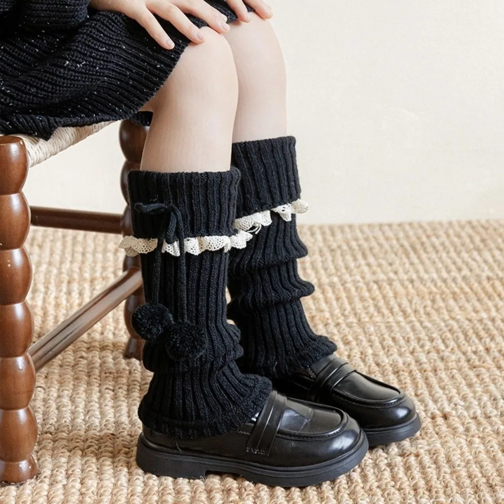 New Solid Color Leg Warmers Thickened Lolita Mid-Calf Sock Knitted Bow Pompom Hosiery Autumn and Winter