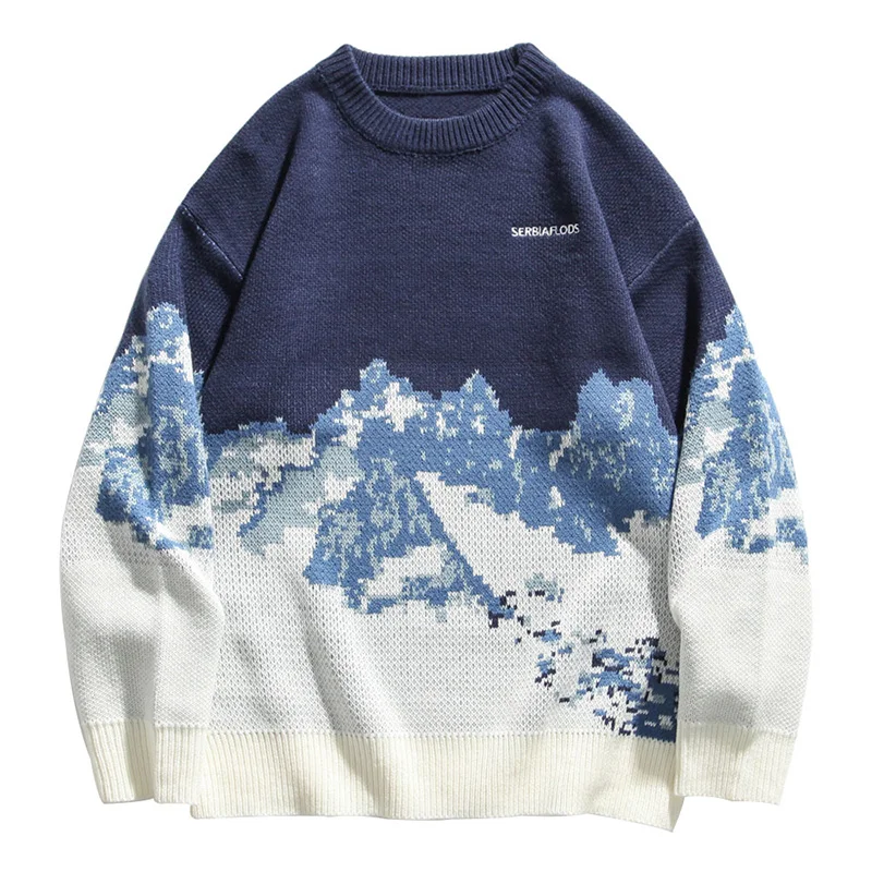 

2023 Men Hip Hop Streetwear Knitted Sweater Embroidery Retro Vintage Snow Sweater Cotton Harajuku Casual Pullover Sweater Black