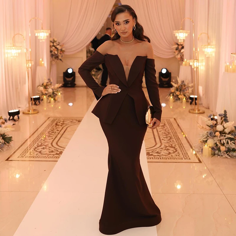 

Thinyfull Саудовская Аравия Вечерние платья русалки для выпускного вечера с длинными рукавами и открытыми плечами Вечернее платье 2026 Коктейльные платья для выпускного вечера по индивидуальному заказу
