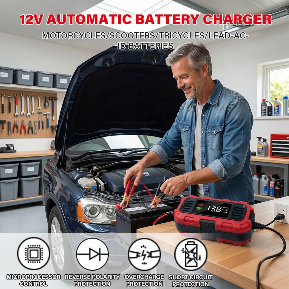 Smart Battery Charger 12V 2A Automatic Motorcycle Battery Charger With LED Display For Charge AGM GEL Lead-Acid Battery Chargers