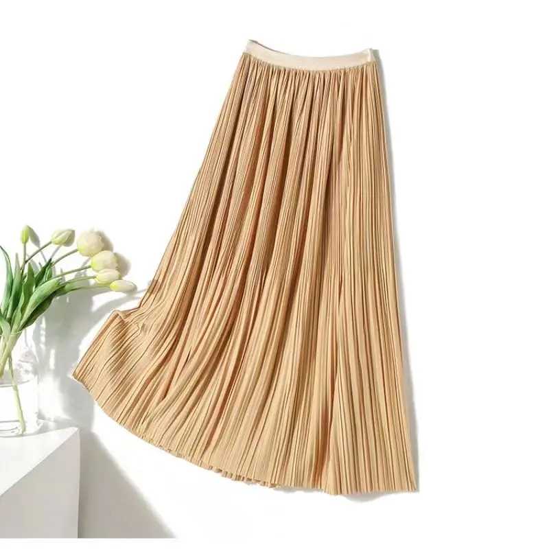 Pleated Skirt Women Spring Autumn Midi Long Skirt Casual Elastic Waist A-Line Black White All Match Party Skirts Solid Color