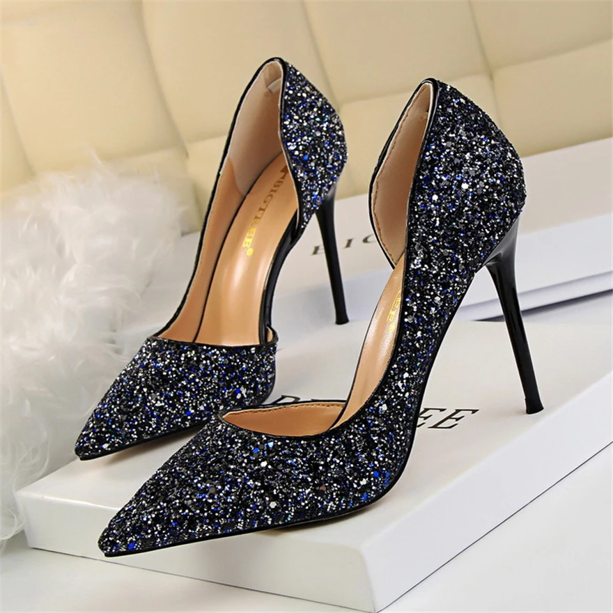 2024 Autumn New Wedding Women Pumps Fashion Plus Size 43 Sequined Cloth Side Hollow High Heels Shoes Ladies Slip On Dress Party