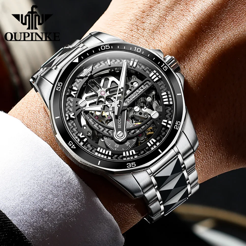 OUPINKE Men Mechanical Watch Sapphire Glass Automatic wristwatch Luxury Tungsten Steel 50m Waterproof Business Sport Men Watches