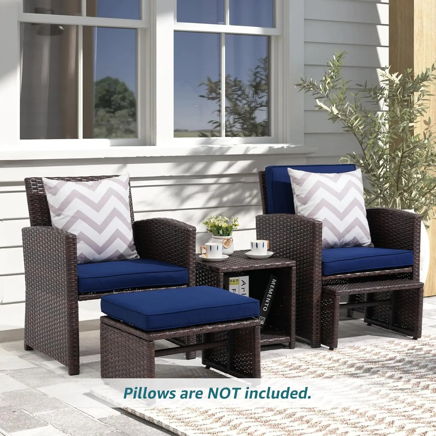 

Casual 5 Pcs Patio Conversation Set Balcony Furniture Set with Cushions, Brown Wicker Chair with Ottoman, Storage Table