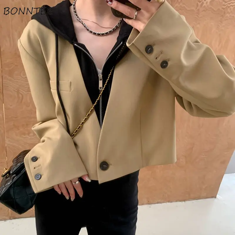 

Hooded Blazers Women Preppy Style Leisure Patchwork Chic BF Designed Cropped Spring Fashionable Young Zipper Ulzzang Streetwear