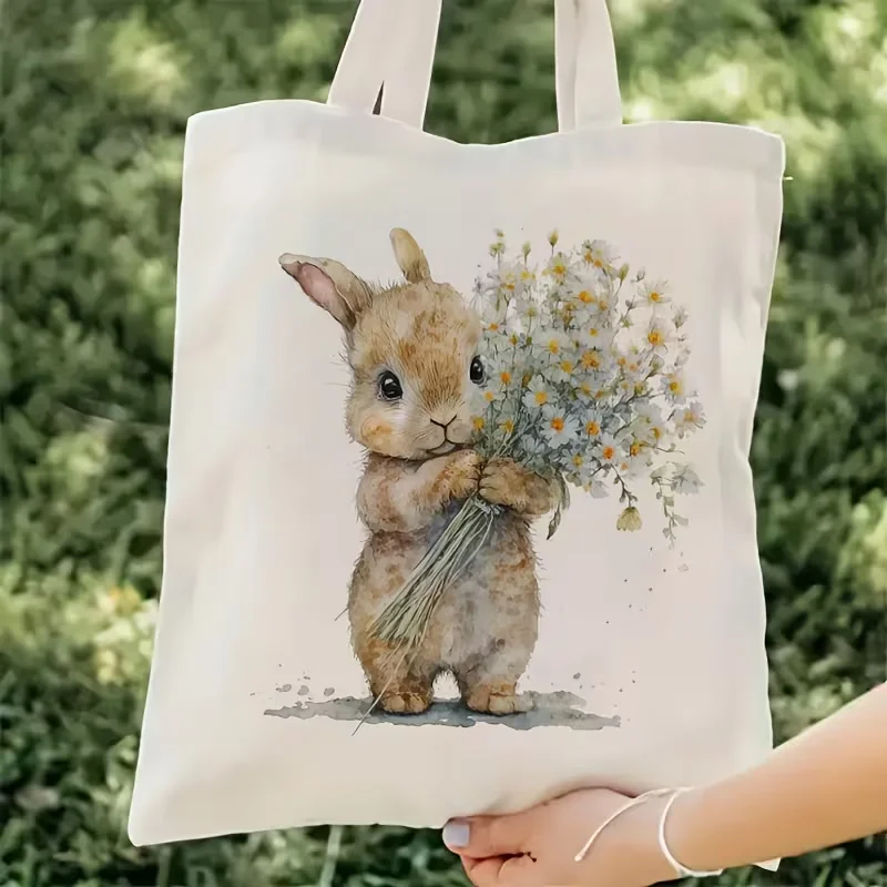 Watercolor Cute Bunny Daisy Flower Canvas Tote Bag Soft Animal Floral Print Reusable Shoulder Bag Shopping Handbag For Girls