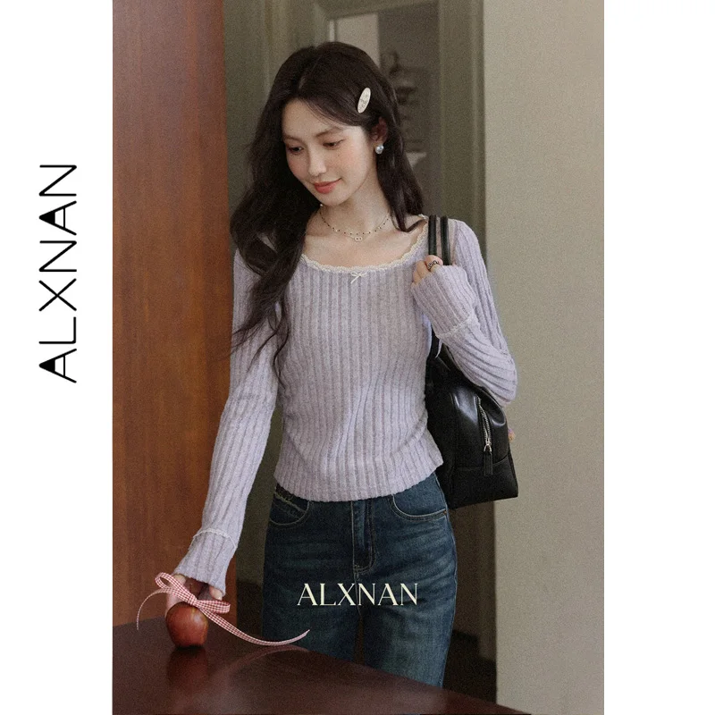 ALXNAN Autumn Women's Purple French Style T-shirt Neck Lace Collar Bow Decor Vertical Texture Ruched Design Female Tops VL569192