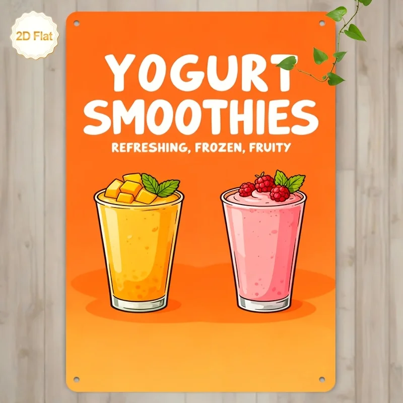Letrero Metálico 2D Plano de 1 Pieza para Batidos de Frutas - Decoración de Metal de Mango y Yogur de Frambuesa, Letrero de Aluminio para Cocina/Cafetería, Ideal para Panadería, Smoothies