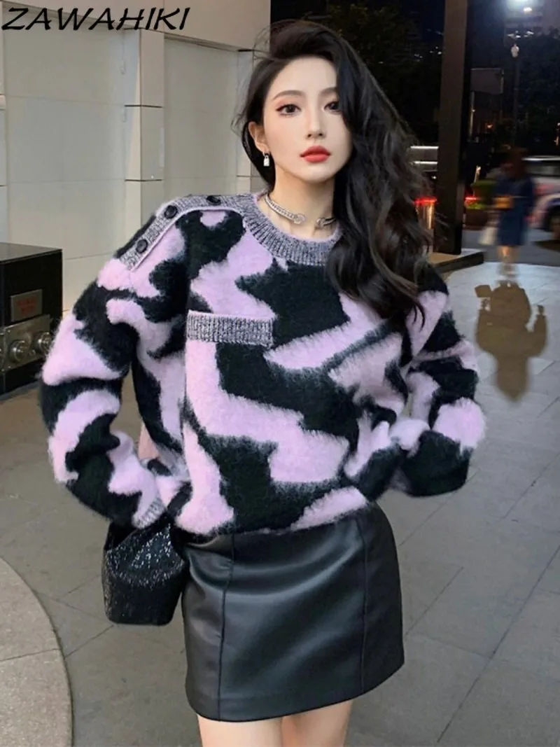 

Striped Contrast Color O-neck Sweater Women Autumn Winter New Arrive Loose Korean Fashion Vintage Knitted Pullover Y2k Clothes