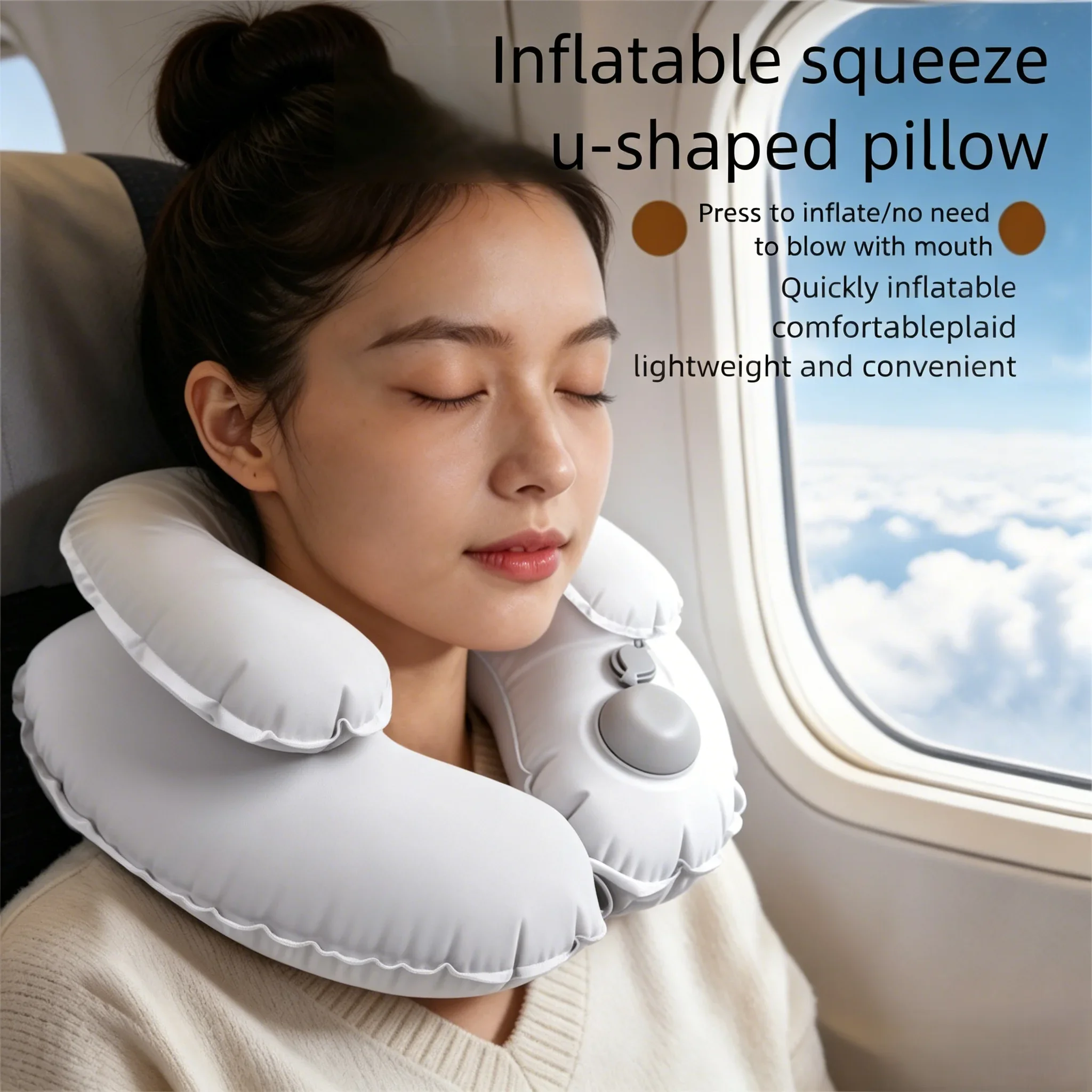 U-shaped travel pillow, press-to-inflate, portable neck support cushion for naps, suitable for long-distance driving and flying