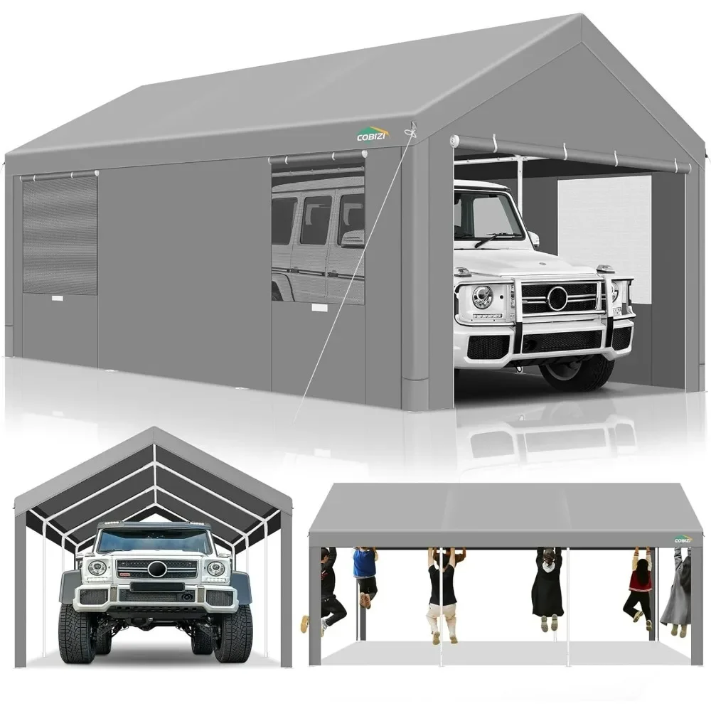 10x20ft Carport Heavy Duty,Portable Garage with Removable Sidewalls, Ventilated Windows&Built-in Sandbags,Waterproof Car Canopy