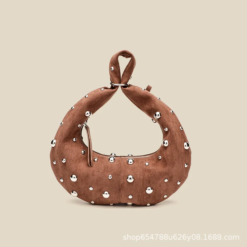 

Faux Suede Halfmoon Vintage Rivet Women Shoulder Bags Designer Punk Lady Handbags Luxury Pu Leather Underarm Bag Small Purse
