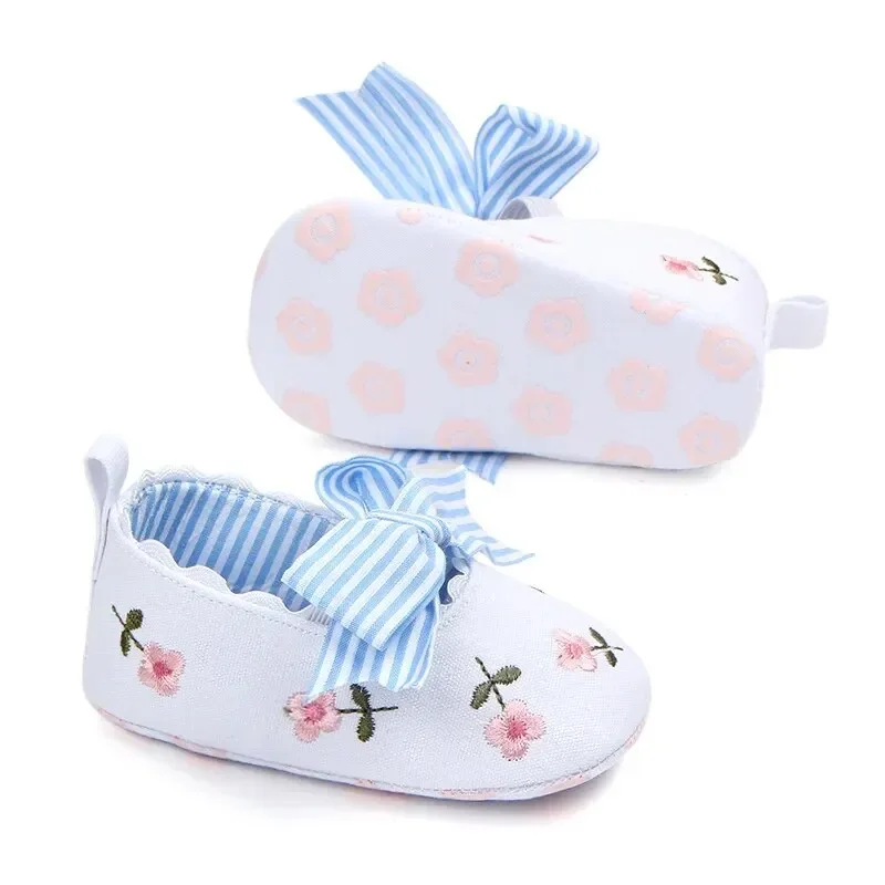 Meckior Bowknot sapatos impressos para meninas do bebê, sola macia, anti-derrapante, princesa rasa, primeiro Walker, berço, novo