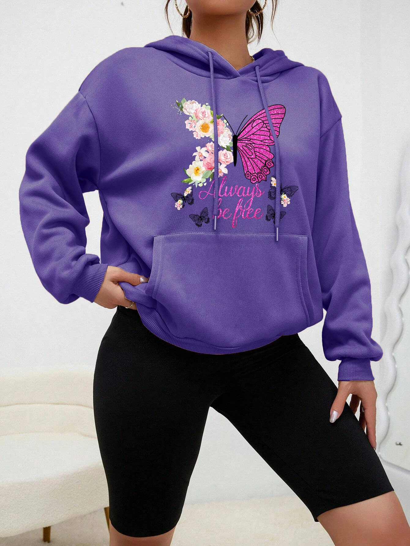 Cartoons Colorful Butterfly Creative Printed Women Hoodie Autumn Fashion Sportswear Vintage Fleece Pullover Pocket Clothing