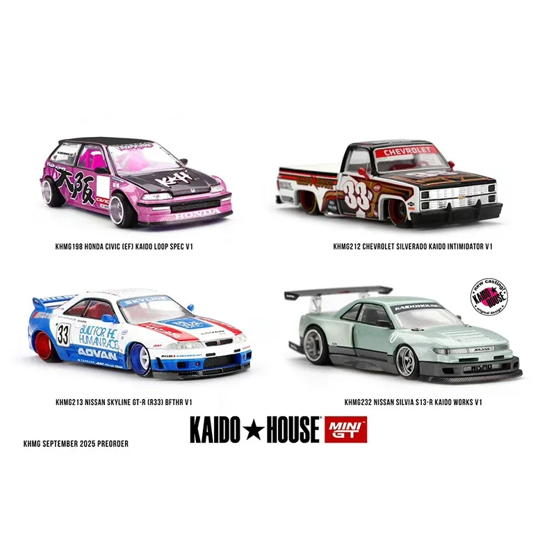 PreSale 1:64 Nissan Silvia S13 R KAIDO WORKS V1 KHMG 232 Openable Hood Diecast Car Model Kaido House MINIGT