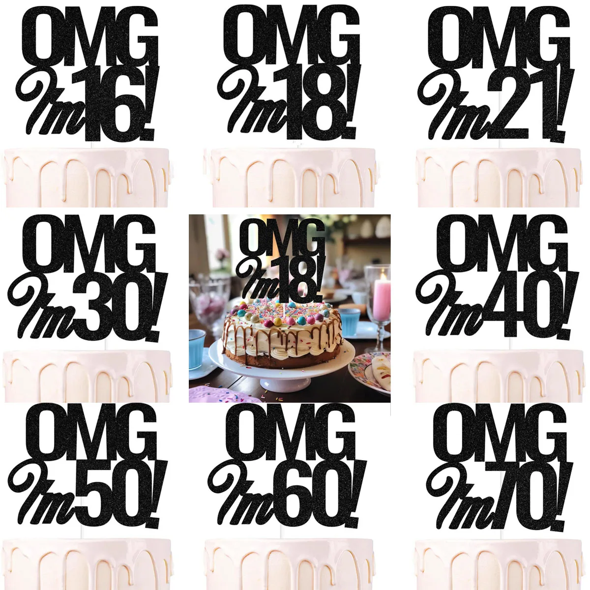 OMG I\'m 18 30 40 50 60 Years Old Cake Topper Happy Birthday Party Decoration Adult Anniversary 30th 40th 50th 60th Birthday Cake