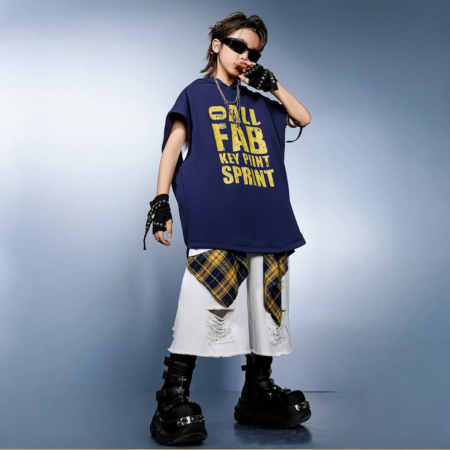 Enfant Kpop Hip Hop vêtements bleu marine à capuche débardeur blanc en détresse déchiré Shorts pour fille garçon Jazz danse porter Costumes vêtements
