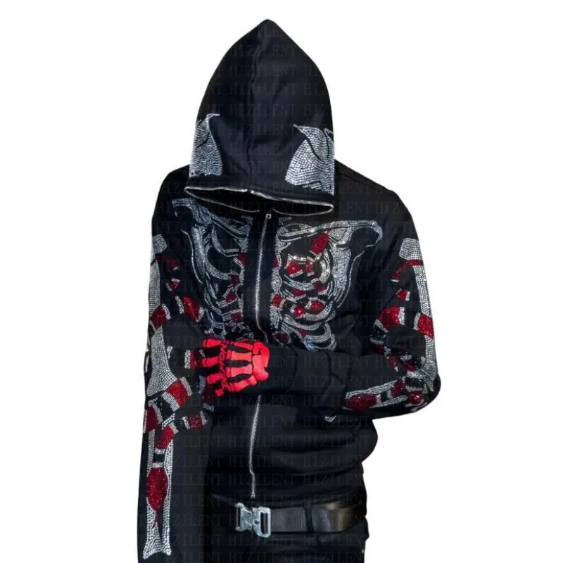 Y2K Hoodie Women Men Skull Skeleton Snake Rhinestone Print Gothic Full Zip Long Sleeve Hooded Sweatshirt Jacket Hoodies Clothing