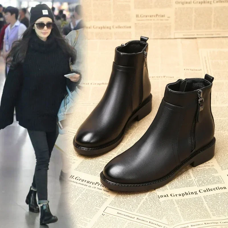 Plus Size damskie botki zimowe czarne ciepłe pluszowe boczny zamek błyskawiczny bawełniane buty damskie na niskim obcasie luksusowe Chelsea Boots