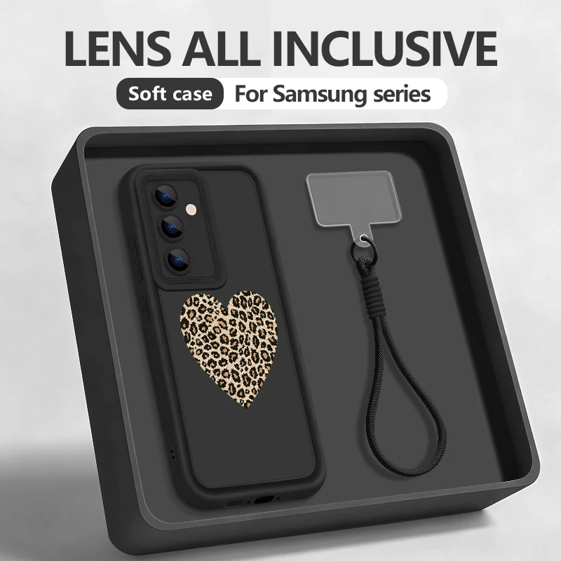 S25 Edge Case Luipaardprint Hart Lanyard Case Voor Samsung S24 Ultra S23 S22 S21 FE A17 A54 A15 A35 A55 A16 A26 A36 A56 5G Funda