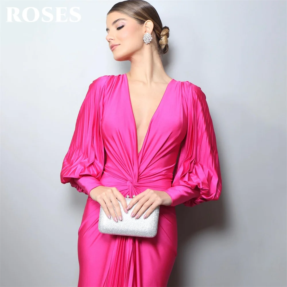 ROSES Hot Pink Soft Stain Evening Dress Mermaid Sexy Charming Prom Dress Pleat Party Dress With Long Sleeves vestidos de noche