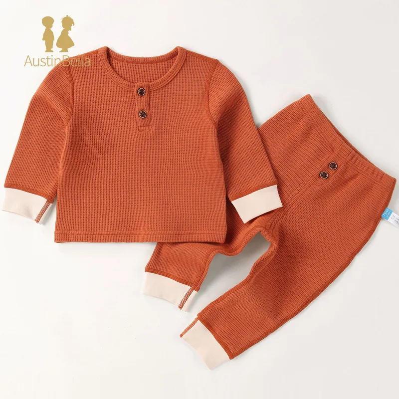 Baby's Set Children Pajamas Set Infant Boy Girl Spring Full Sleeve Ribbed Knitted Long Johns Cotton Cozy Homewear Color Blocking