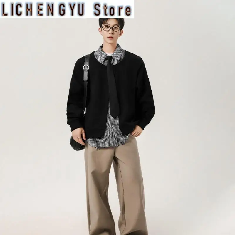 Men's Versatile and Fake Two Piece Design Fashion Korean Checked Printed Long Sleeve Sweatshirt 2025 New Autumn Solid Color Coat