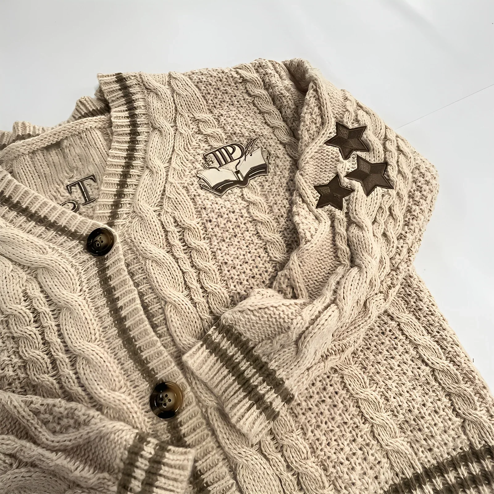 Women Autumn Cotton Star Embroidery Khaki Knitted Cardigans V Neck Aesthetic Retro Single Breasted Sweaters Y2k Beige Tops