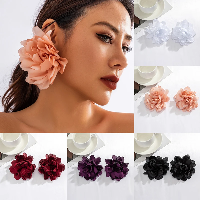 Exaggerated Big Flower Stud Earrings For Women Fluffy Fabric Petal Earring Party Wedding Earrings Trend Jewelry