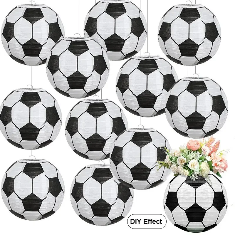 Lanternes en papier en forme de ballon de football, cadre en fer noir et blanc, pour fête sur le thème du sport, décoration de fête d'anniversaire, 5/10 pièces