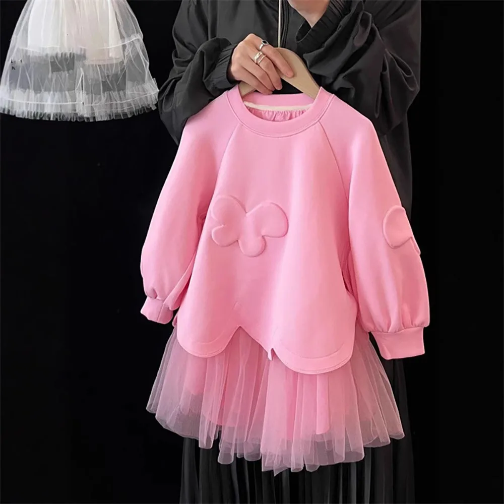 

Spring Girls Long Sleeve Dress Korean Style Kids Casual Loose Patchwork Tulle Princess Dress Children Clothes Hoodie Dresses