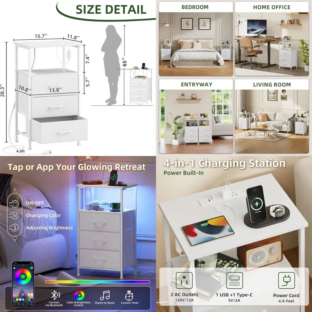 

White Nightstand with USB Charging, LED Light, and Fabric Bins for Bedroom, Dorm, or Entryway