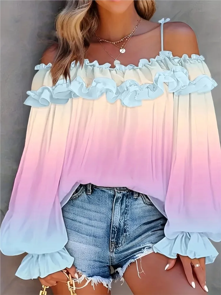 

Fashion Gradient Lace Camisole New Women Clothing Spicy Girl One Neck Off Shoulder Contrasting Lace Up Trumpet Long Sleeved Top