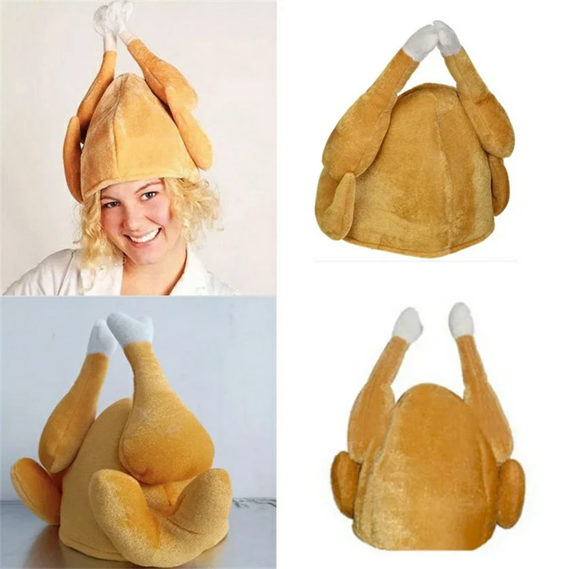 1pcs Funny Roasted Turkey Hat Plush Christmas Thanksgiving Decoration Fancy Carnival Costume Dress Up Party Gif